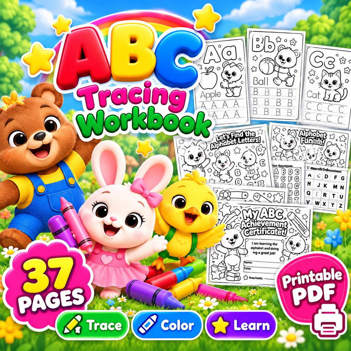 Jucyloo ABC Tracing Workbook | 37 Printable Pages (Ages 3–6)