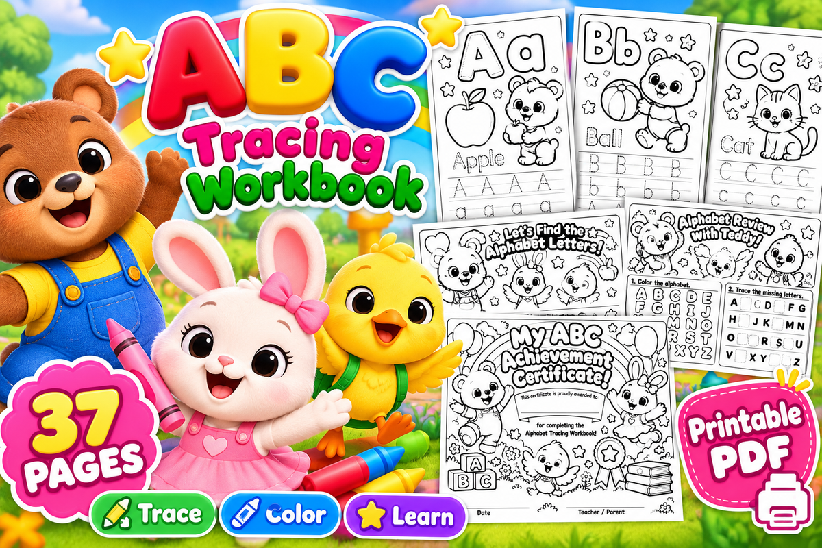 ABC Tracing Workbook for Kids | 37 Printable Preschool Activity Pages (Ages 3–6)