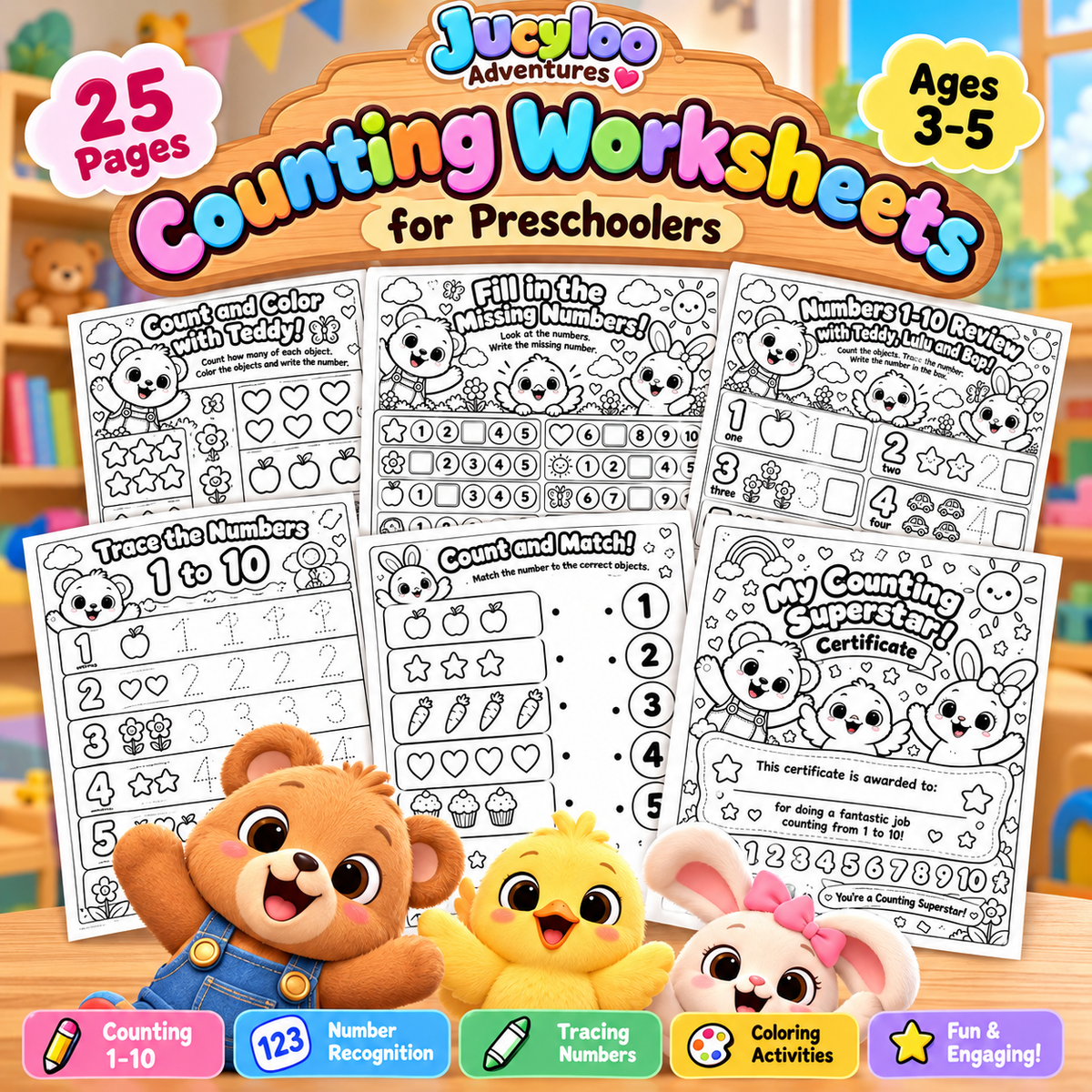Jucyloo Adventures Counting Workbook Printable | Numbers 1–10 | Ages 3–6