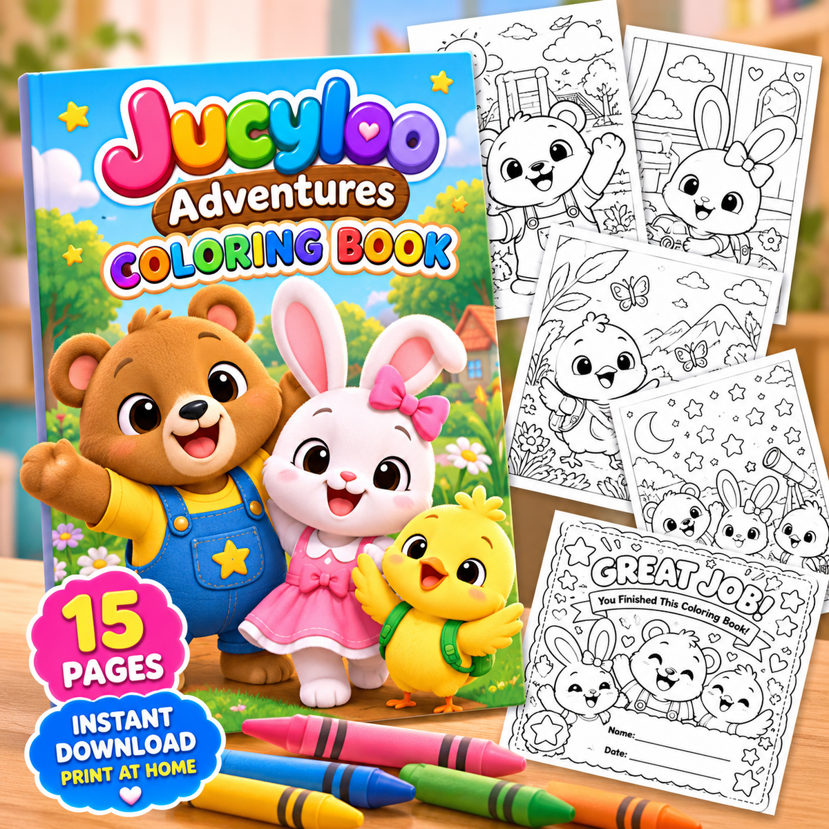 Jucyloo Adventures Coloring Book | 15 Printable Pages for Kids Ages 3–6