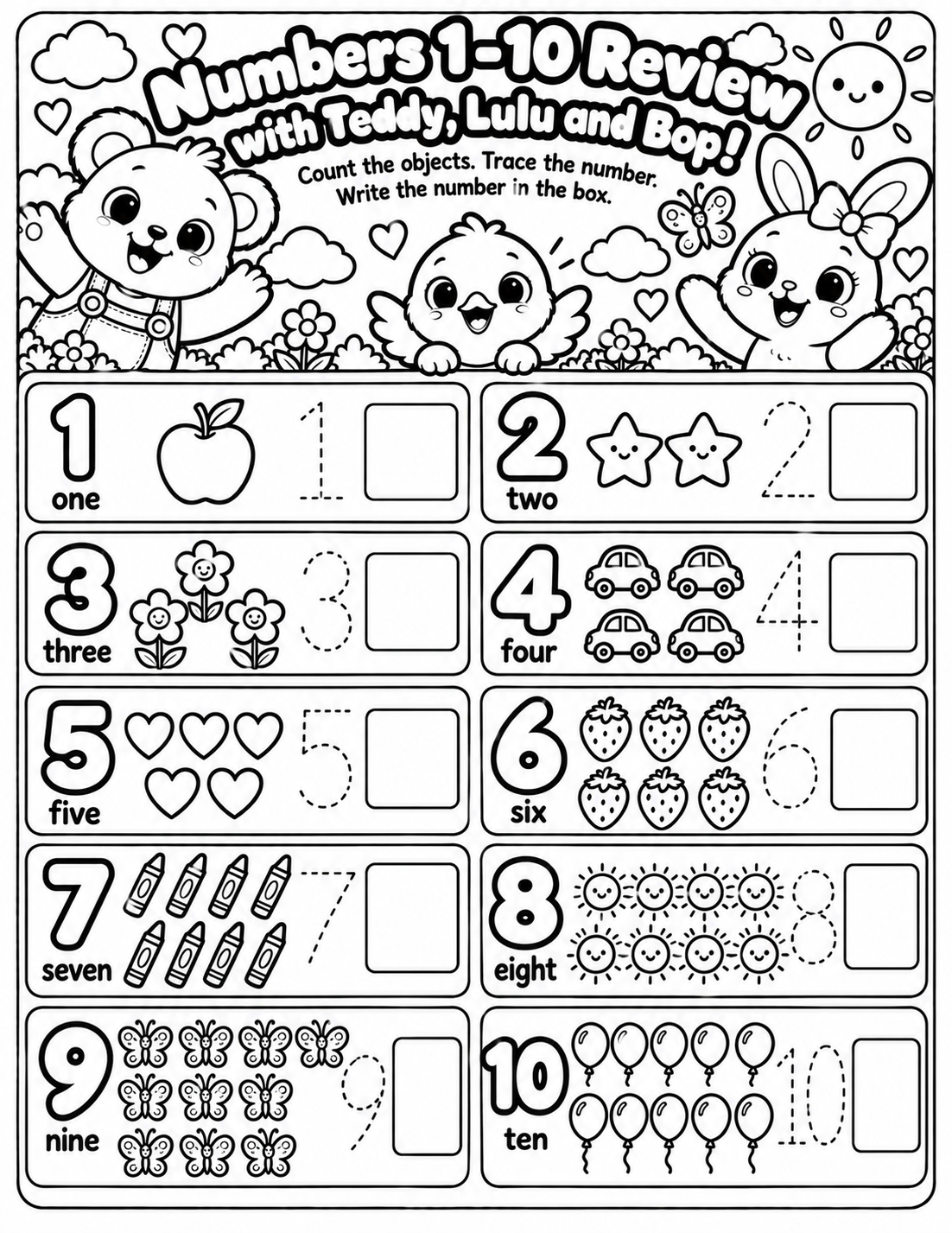 Jucyloo Adventures Counting Workbook Printable | Numbers 1–10 | Ages 3–6